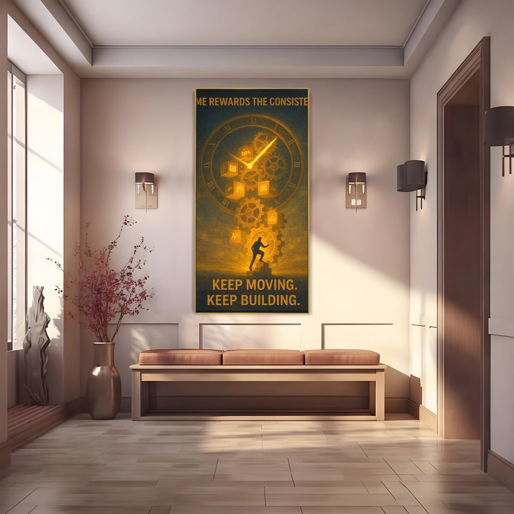 Tablou canvas cu ilustratie motivationala cu ceas si angrenaje, in rama de aluminiu auriu